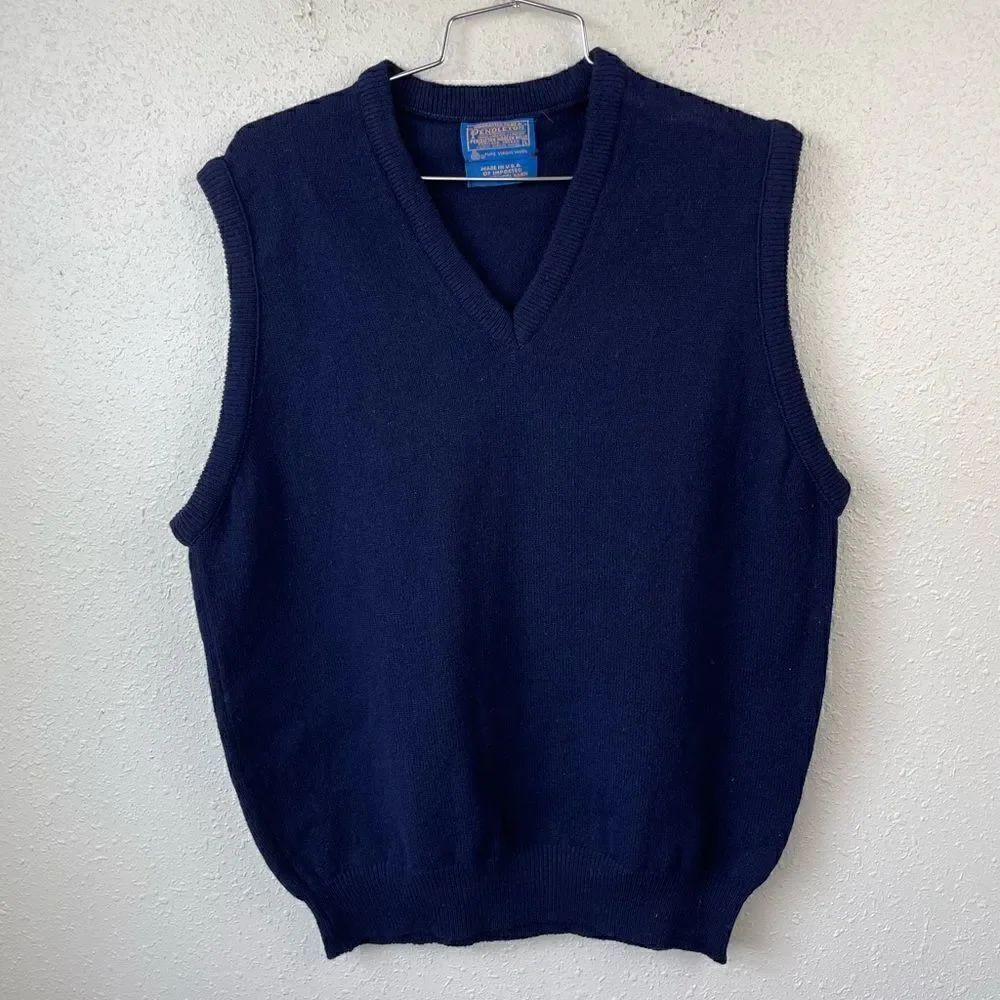 Pendleton Navy Blue Wool Sleeveless V-Neck Sweater Size L EUC